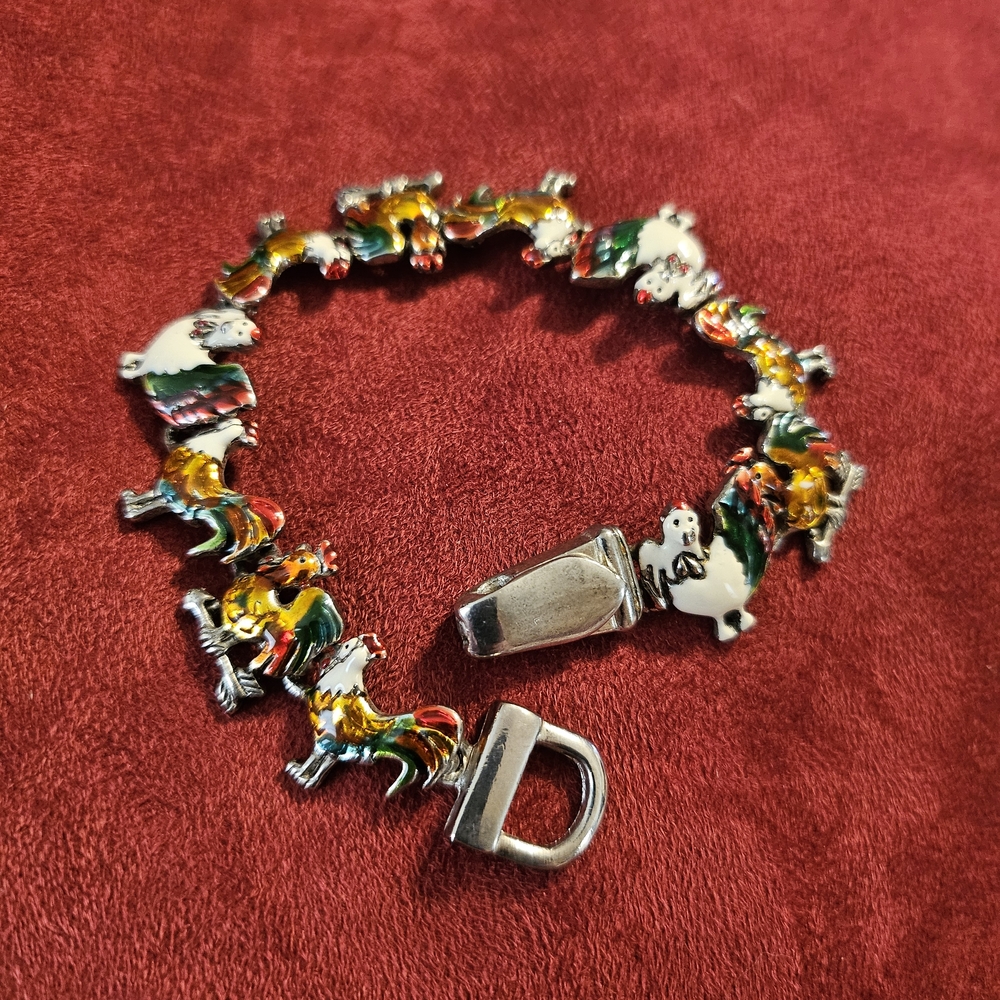 Bracelet Chicken Rooster Hen Links Enamel Silver Plated Multicolored 7.75" Long